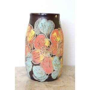 Hand made ceramic pottery Vase Multicolor Flowers garden signed Soda technique